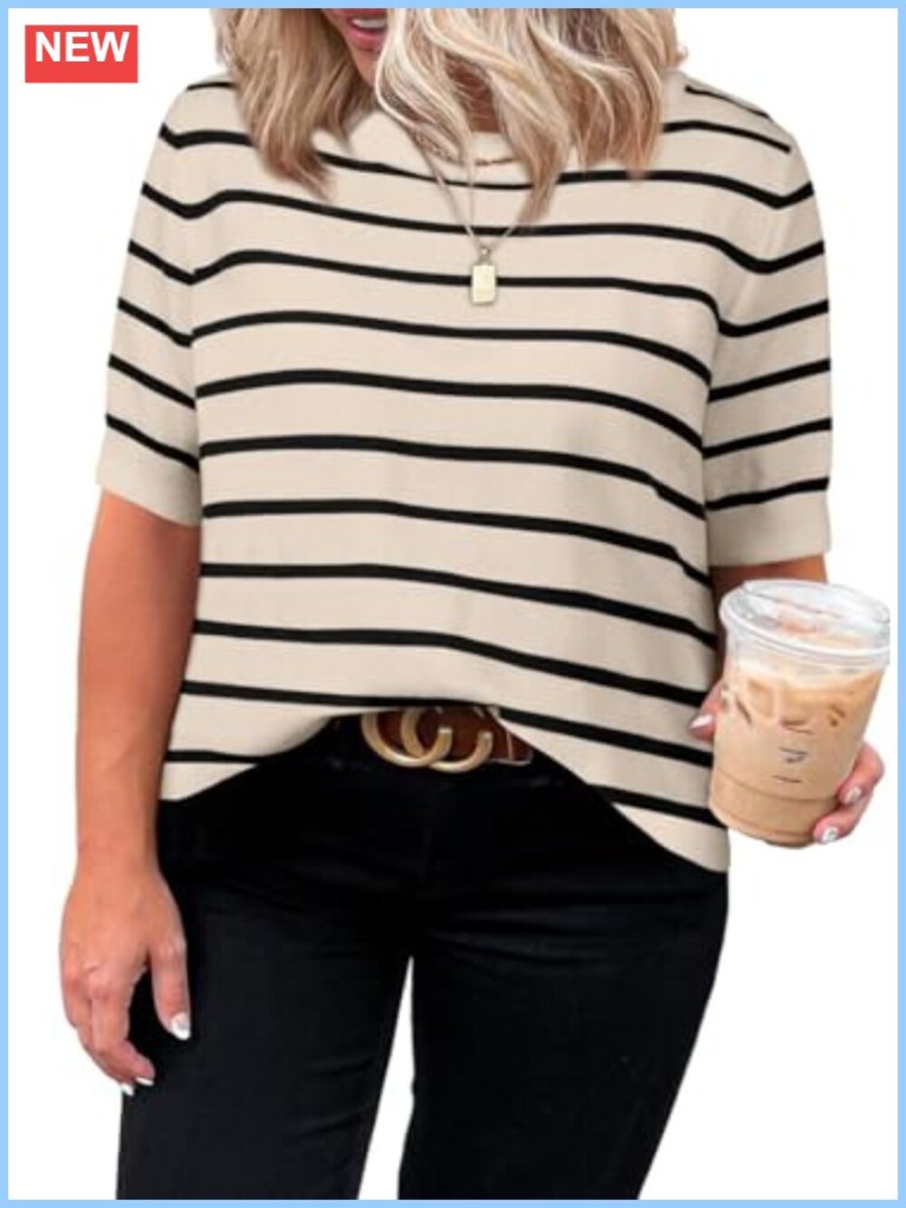 Plus Size Striped Short Sleeve Pullover Sweater Lightweight Knit Tunic Top